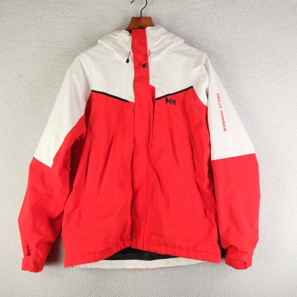 Helly Hansen Jacket Mens Large Red White Winter Recco Primaloft Hooded Pit Zip - Picture 1 of 11